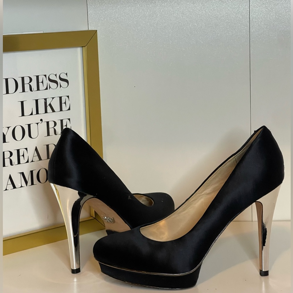 ABS by Allen Schwartz black satin platform heels